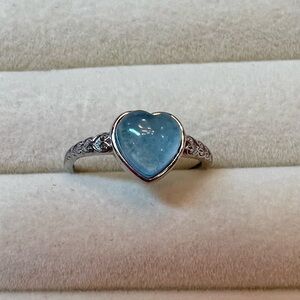 Sterling Silver Aquamarine Cabochon Heart Ring, adjustable size